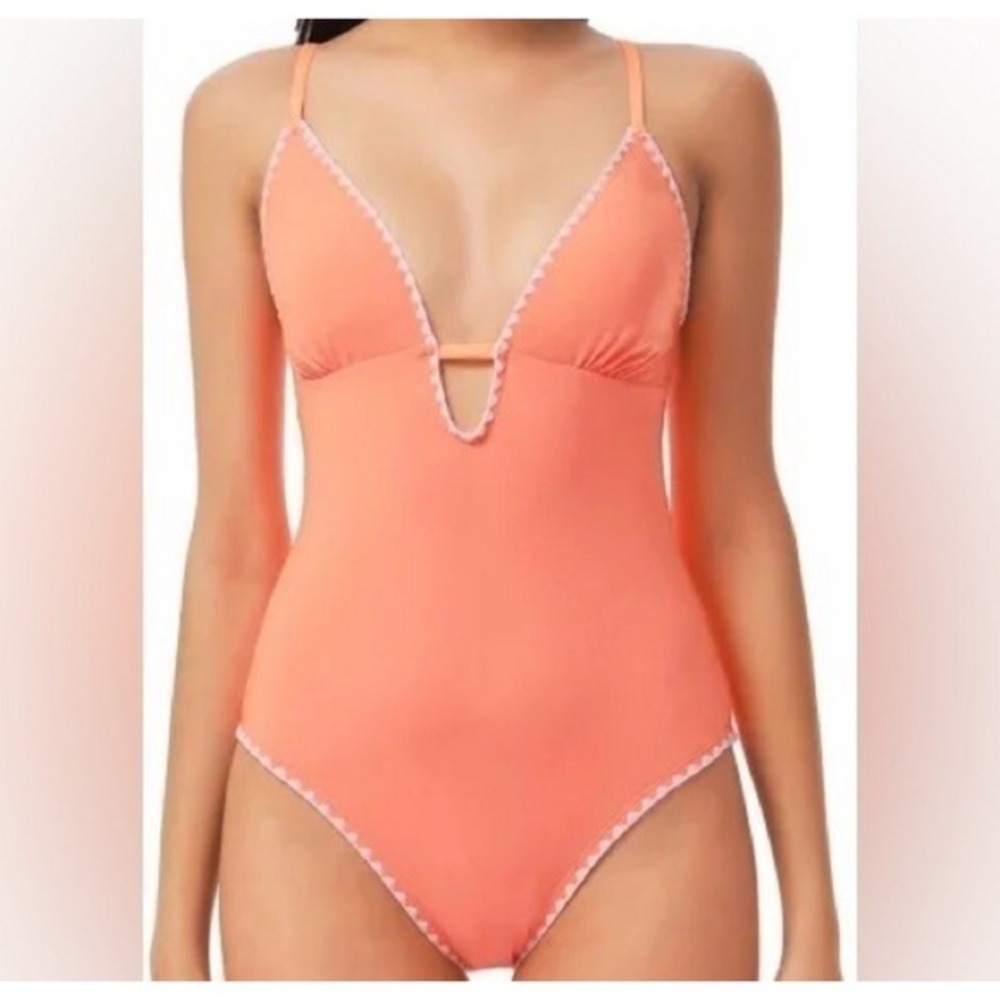 Lucky Brand Shell Stitch Tangerine One Piece‎ plung Neck Swimsuit size small